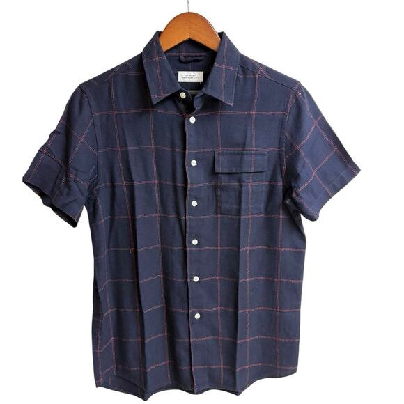 Saturdays New York City Navy Maroon Large Plaid Button Down Camp Shirt - S - Picture 2 of 7